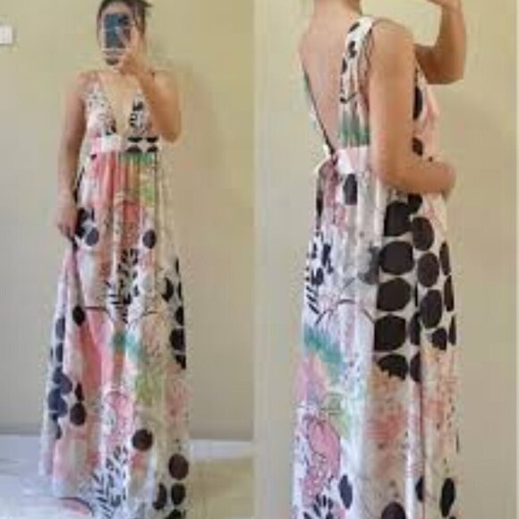 Zara Floral Halter Maxi Dress V-neck Empire Waist Open Back Tank Top Boho XS - Picture 1 of 15